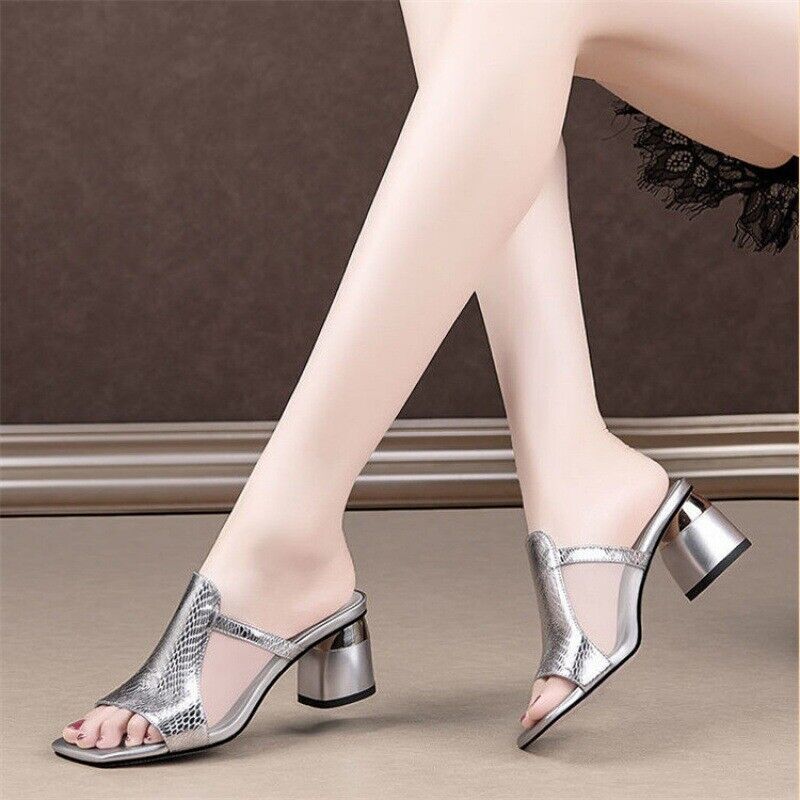 Women’s Summer Sandals New Fashion Breathable High Heel Square Toe Slippers Sz