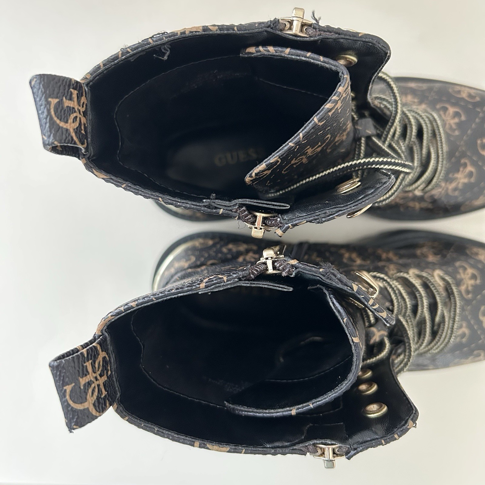 GUESS Womens Boots Size 6.5 Brown Logo Zipper Lug Sole Fearne Round Toe Combat
