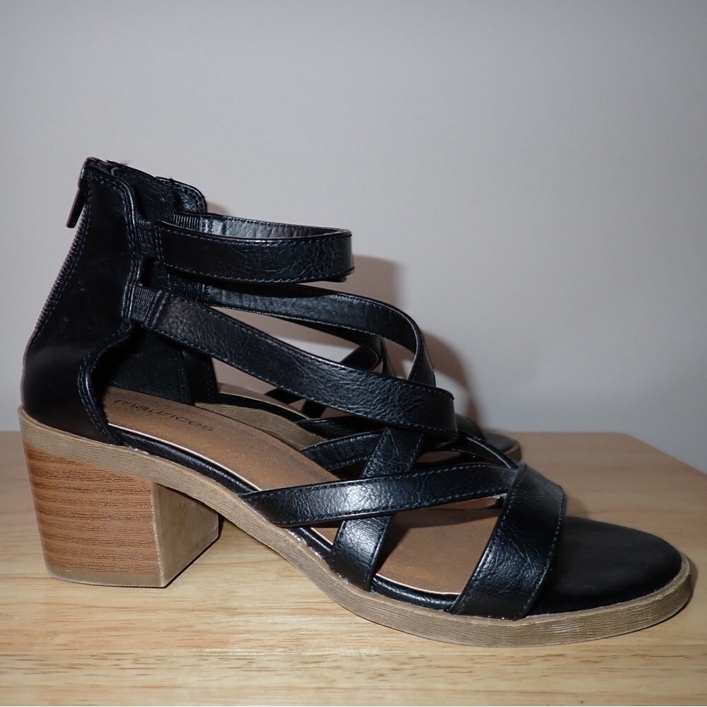 Maurices Zipper Block Heel Ankle Strap Open Toe Sandals Black Womens