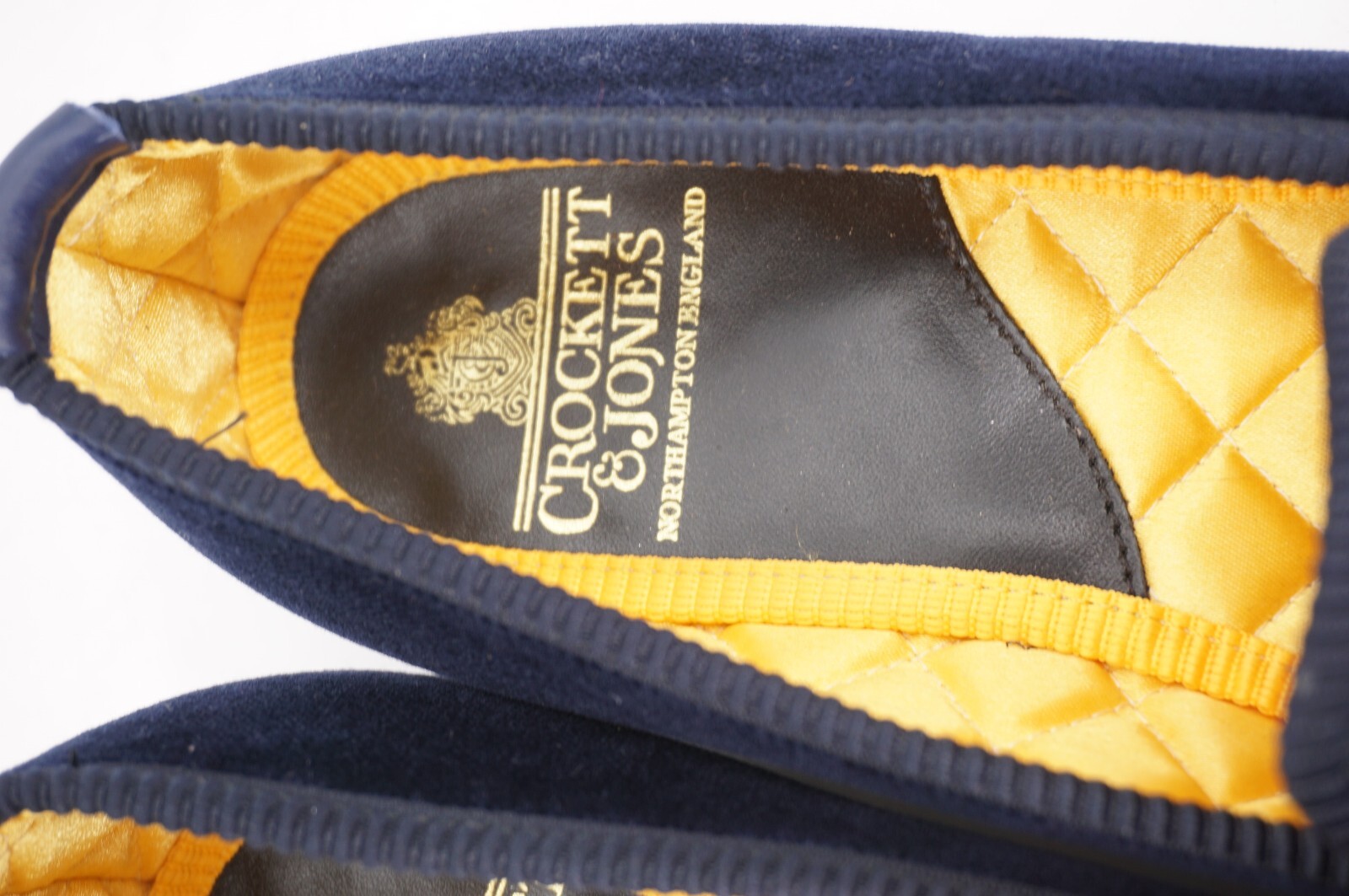 WORN 1x | $550 CROCKETT & JONES WOMENS STREET SLIPPER «S» MONOGRAM NAVY VELVET