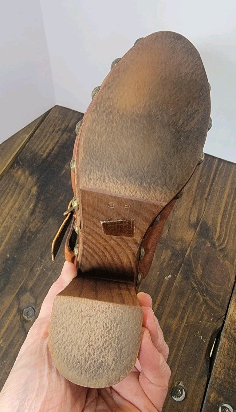 Free People Womens Boho Chunky Brown Leather Wood Clogs Size 36 Hippie Retro