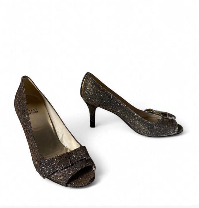 Stuart Weitzman Pyrite Nocturn Glitter Bowover Peep Toe Pumps size 7.5