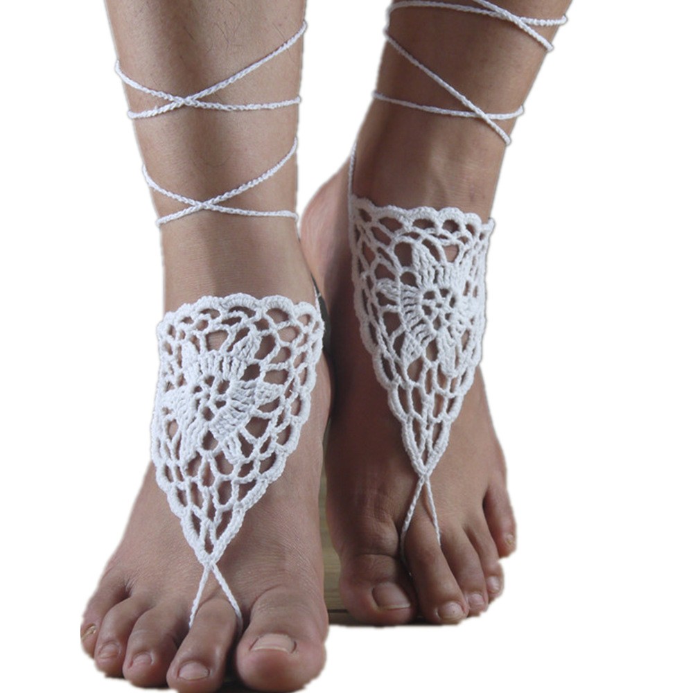 2Pcs Barefoot Crochet Sandals Beach Wedding Decor Women’s Knit Flat Sandals