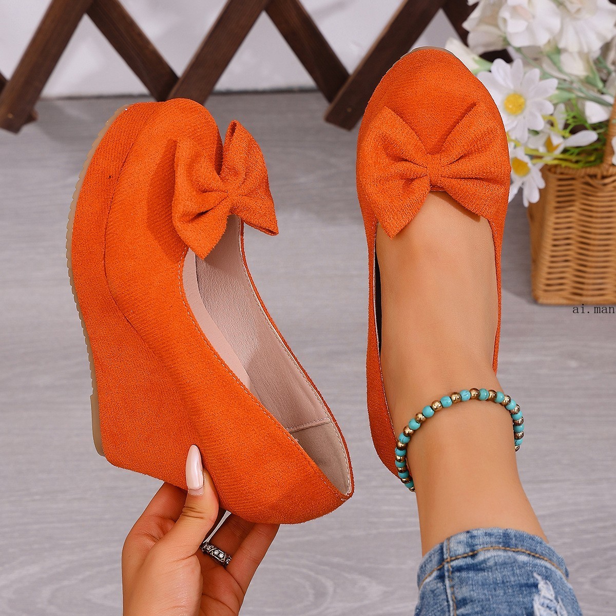 Women’s Bow-Knot Platform Wedge Pumps Slip-On Round Toe Comfort Mary Jane Shoes