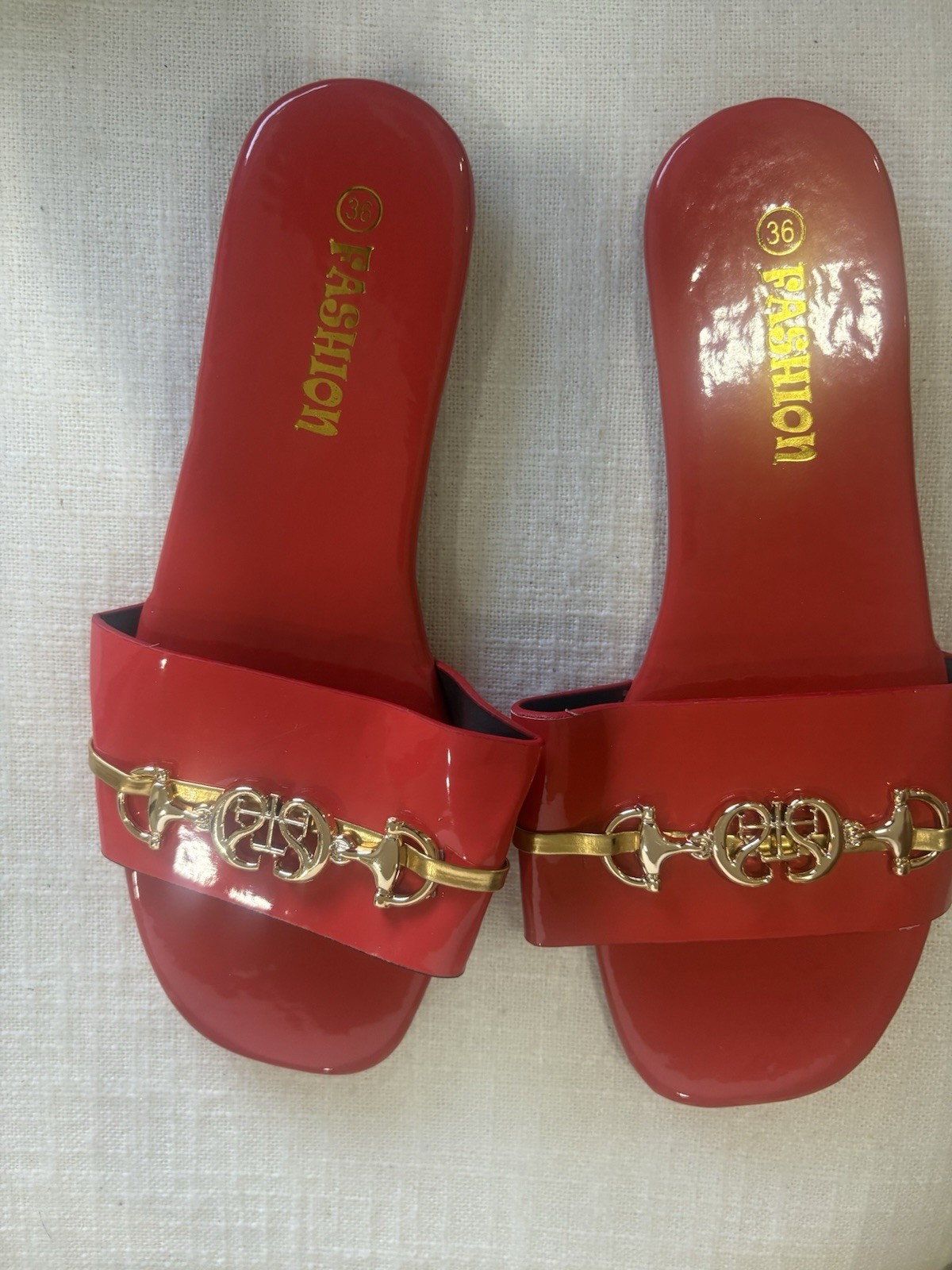 Women’s Faux Leather Slide Sandals Logo Strap Red/Gold Slip-On US 6 (EU 36)