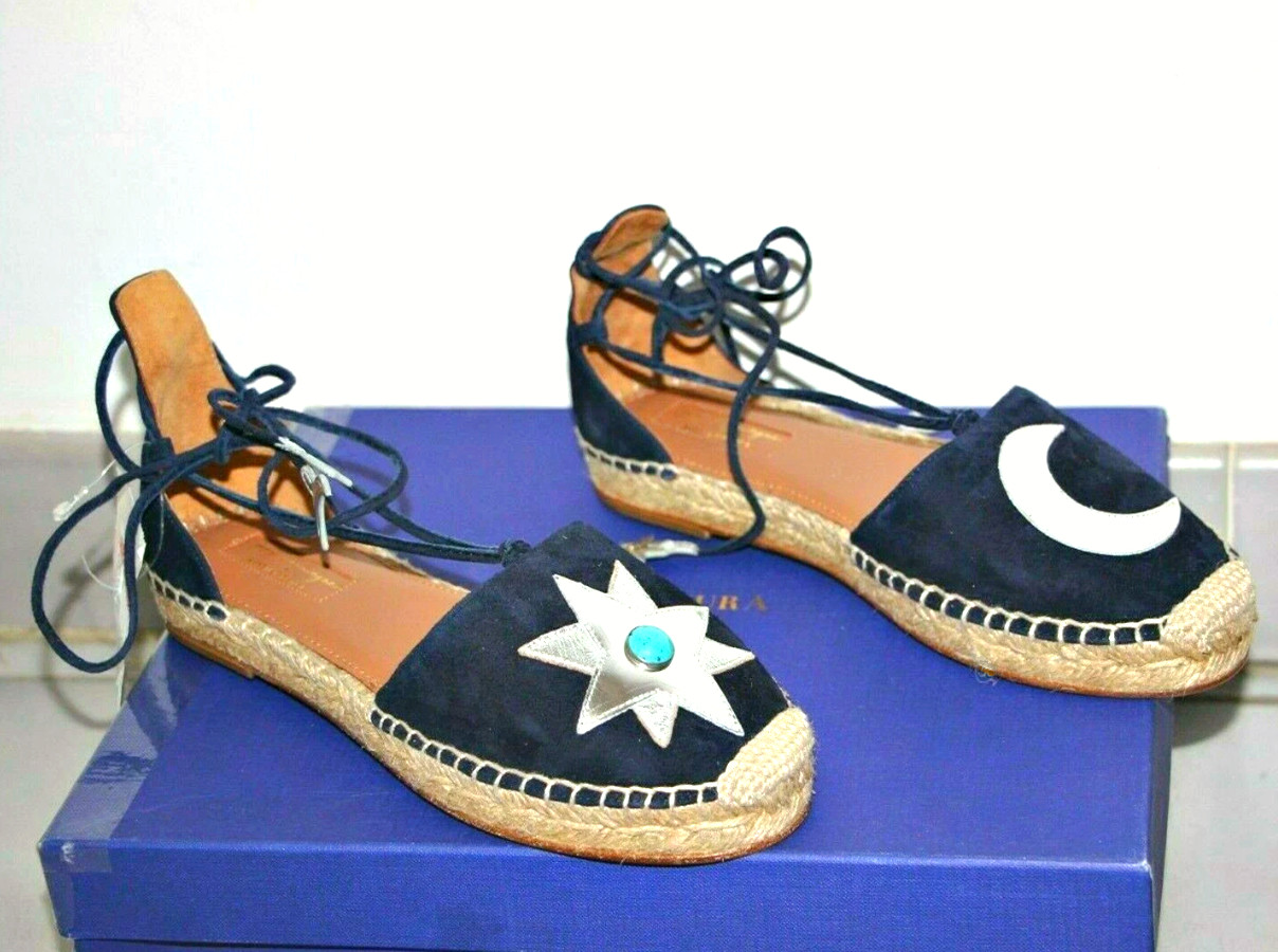 Aquazzura Poppy-Delevingne Midnight Star Moon Lace Up Espadrilles sz US 6/ IT 36
