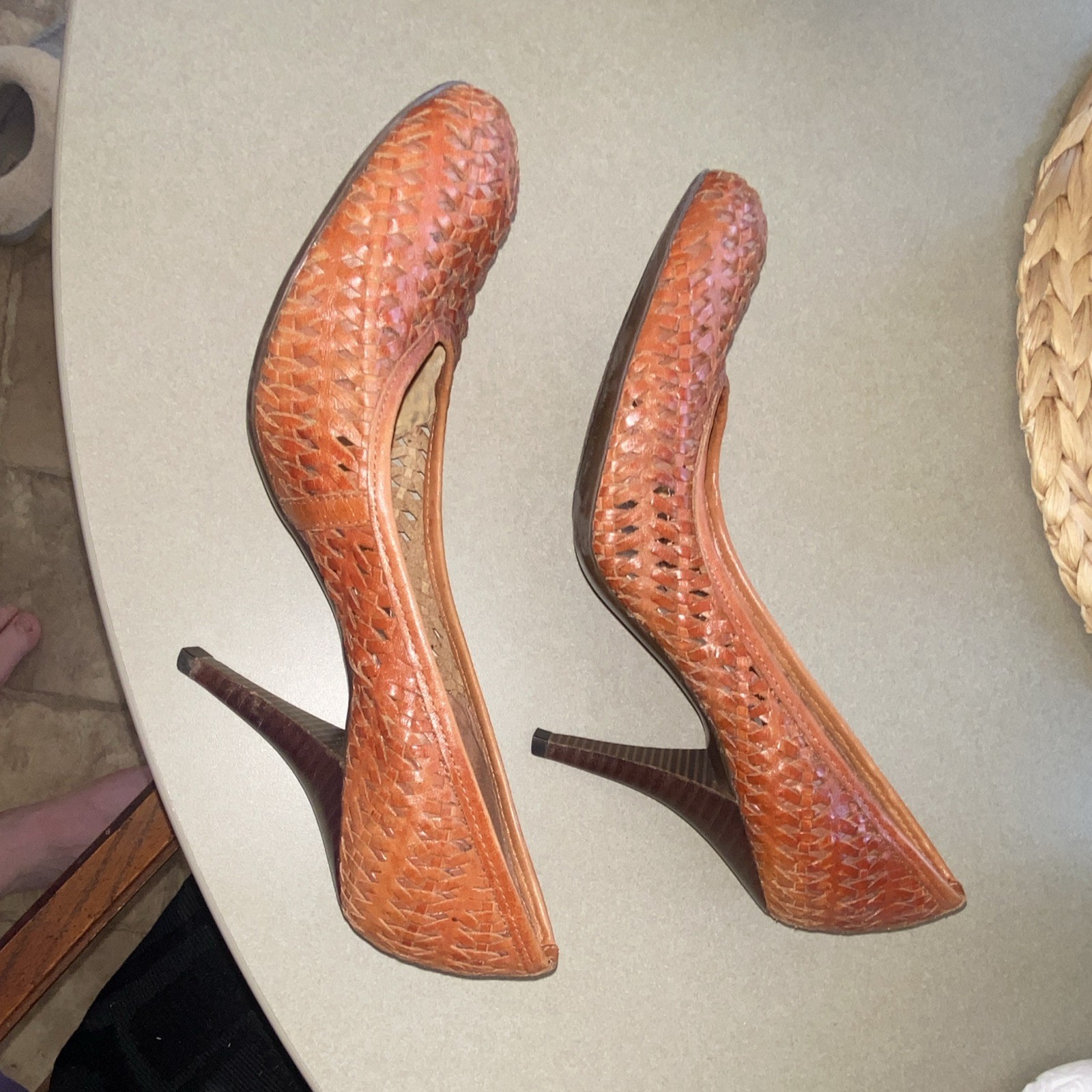 BCBGirls Brown Woven Leather Round Toe Stiletto Slip-On Pump Heels