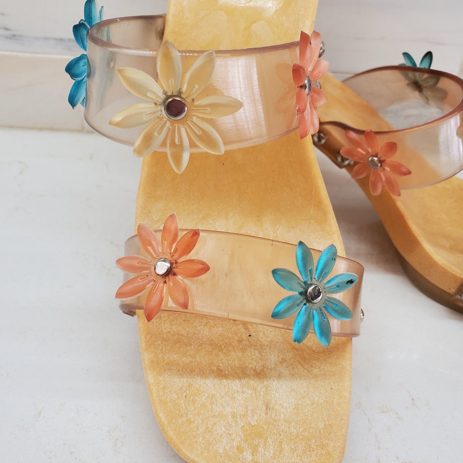 Chinese Laundry Slip-On Heels Clear Straps Jelly Flowers Rubber Platform Italian