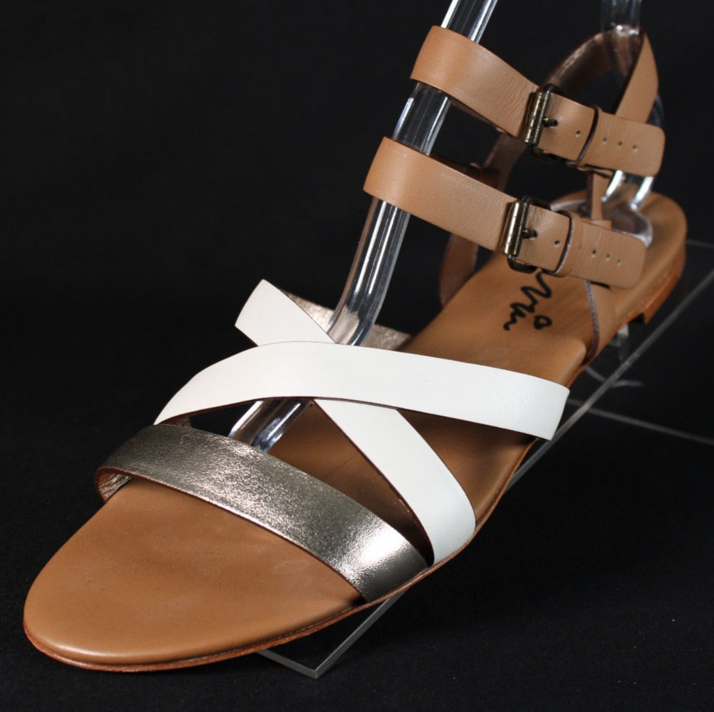 LANVIN White, Gold, & Brown Leather Strappy Sandals 40