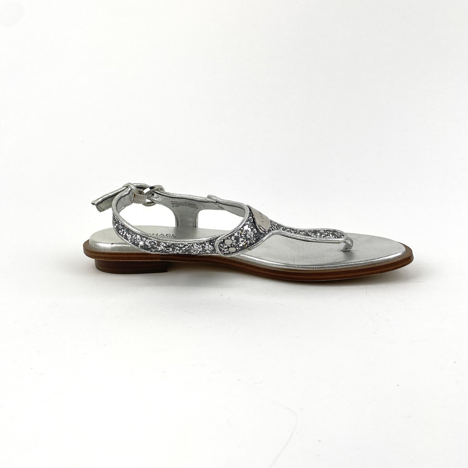 Michael Kors MK Plate Silver Glitter Thong Ankle Strap Sandals Women’s Size 6.5M