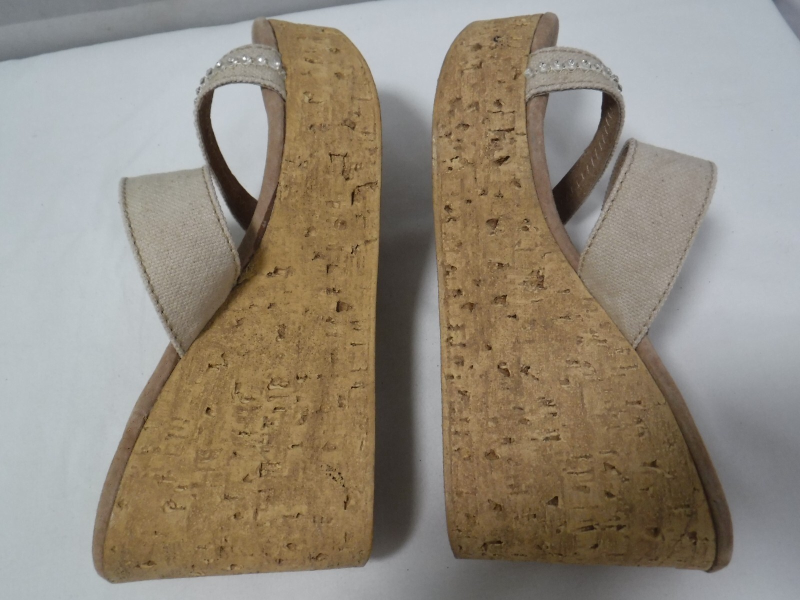 PF2 SBICCA Vintage Collection Cork Platform Beige Canvas Wedge Heel Sandals 8 39