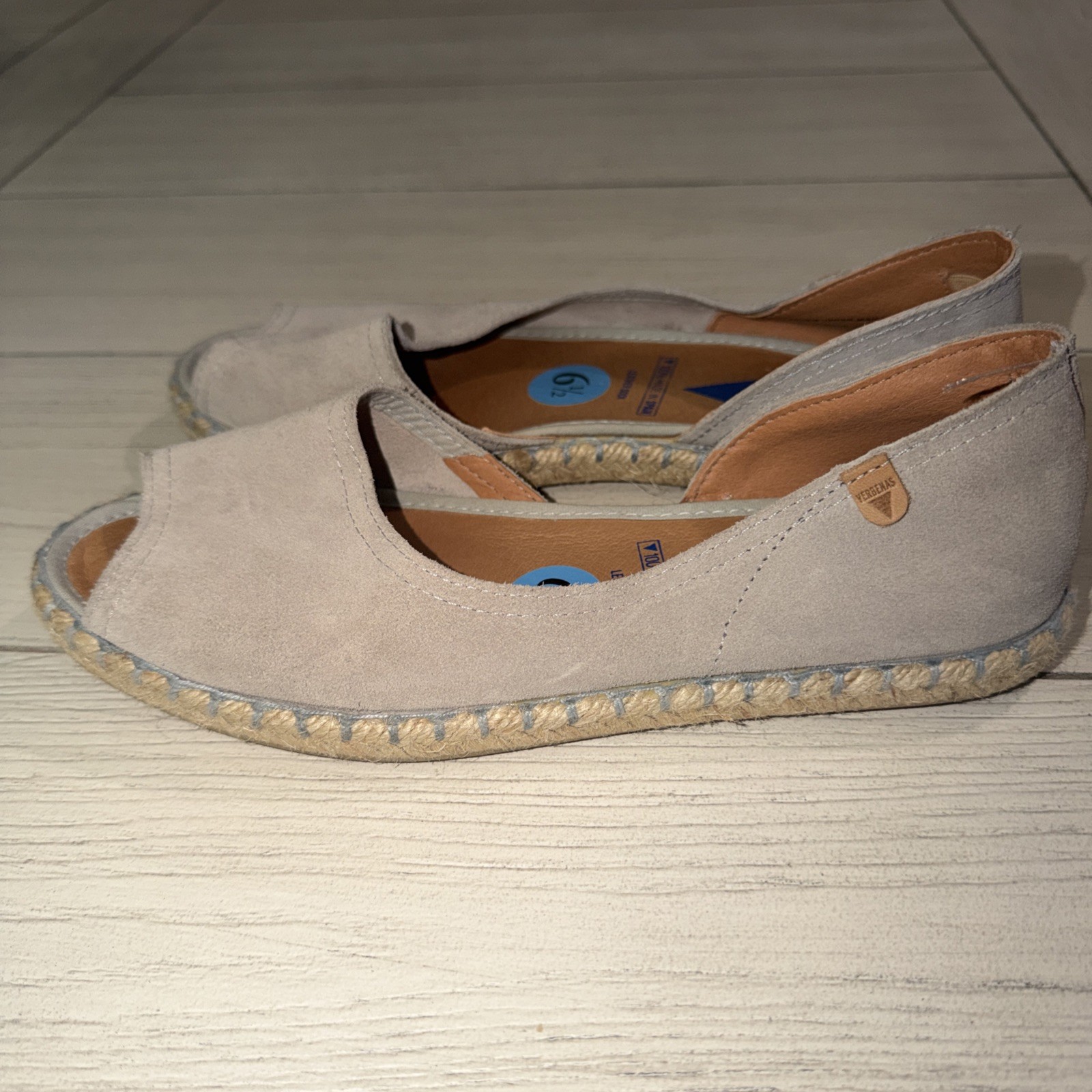 Verbenas Cruz Peep Toe Suede Leather Flats Taupe Espadrille Shoes EU 37 US 7 6.5