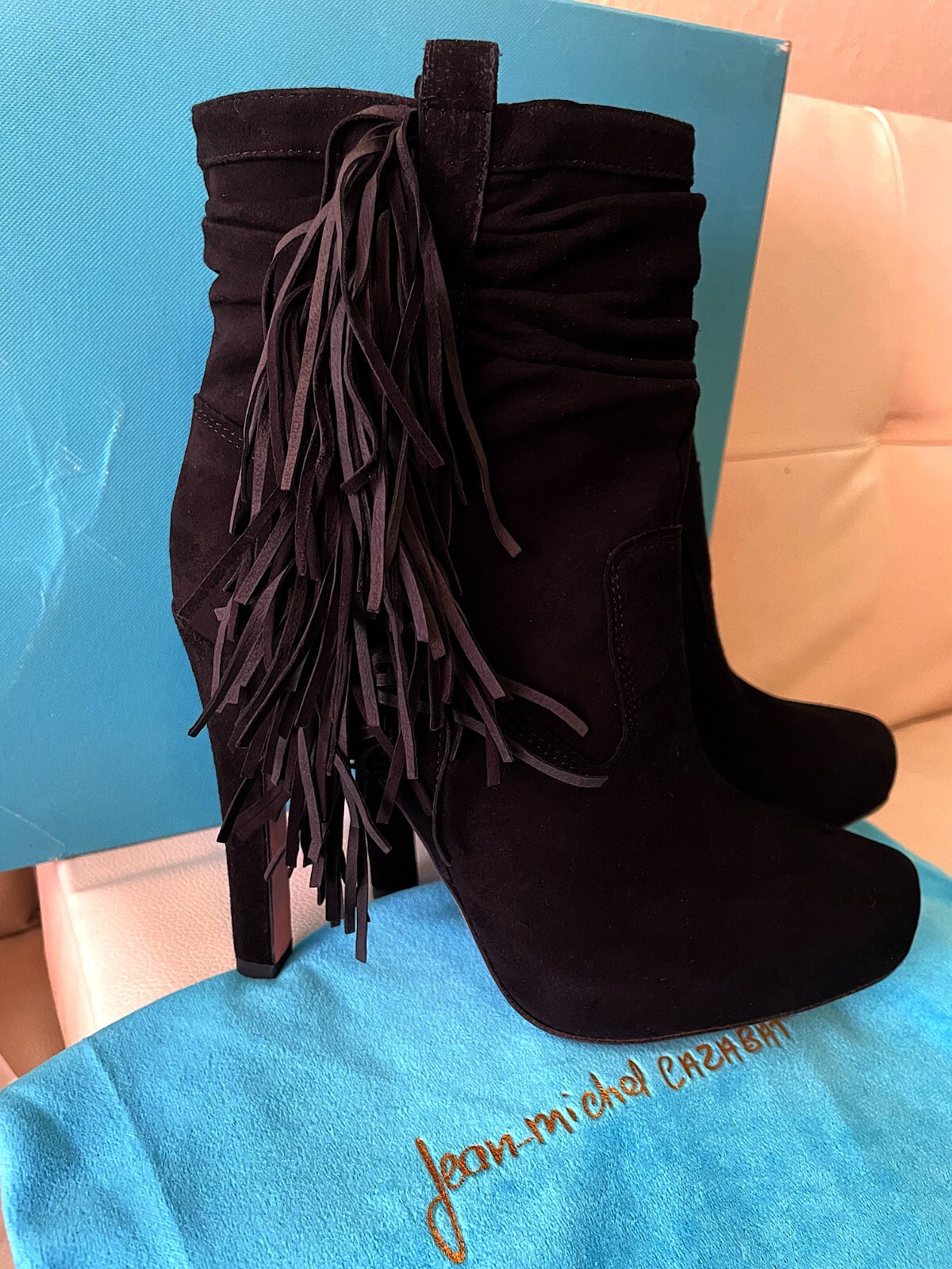 JEAN-MICHEL CAZABAT Suede Fringe Trim Accent Ankle Booties (EU37)