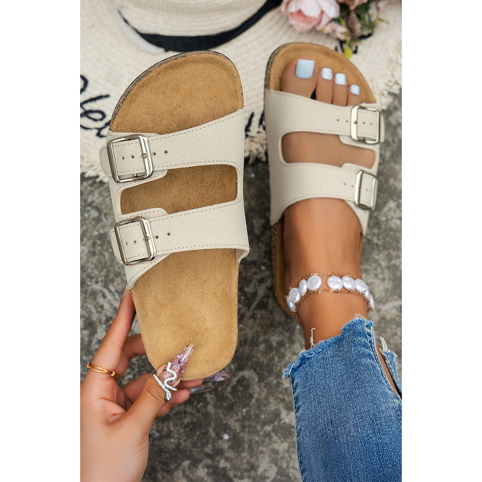 Solid Print Cut Out Buckle PU Leather Flat Sandals-Size 7