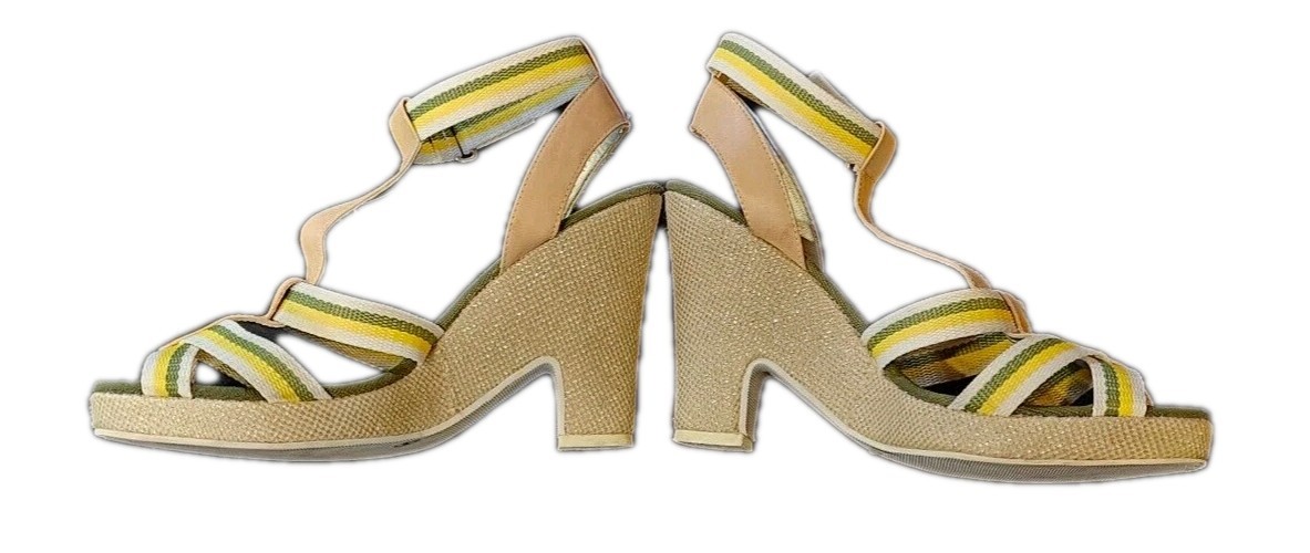 BCBG Green/Yellow Strappy Fabric Sparkle Heel Womens SZ 10B Party Cocktail,