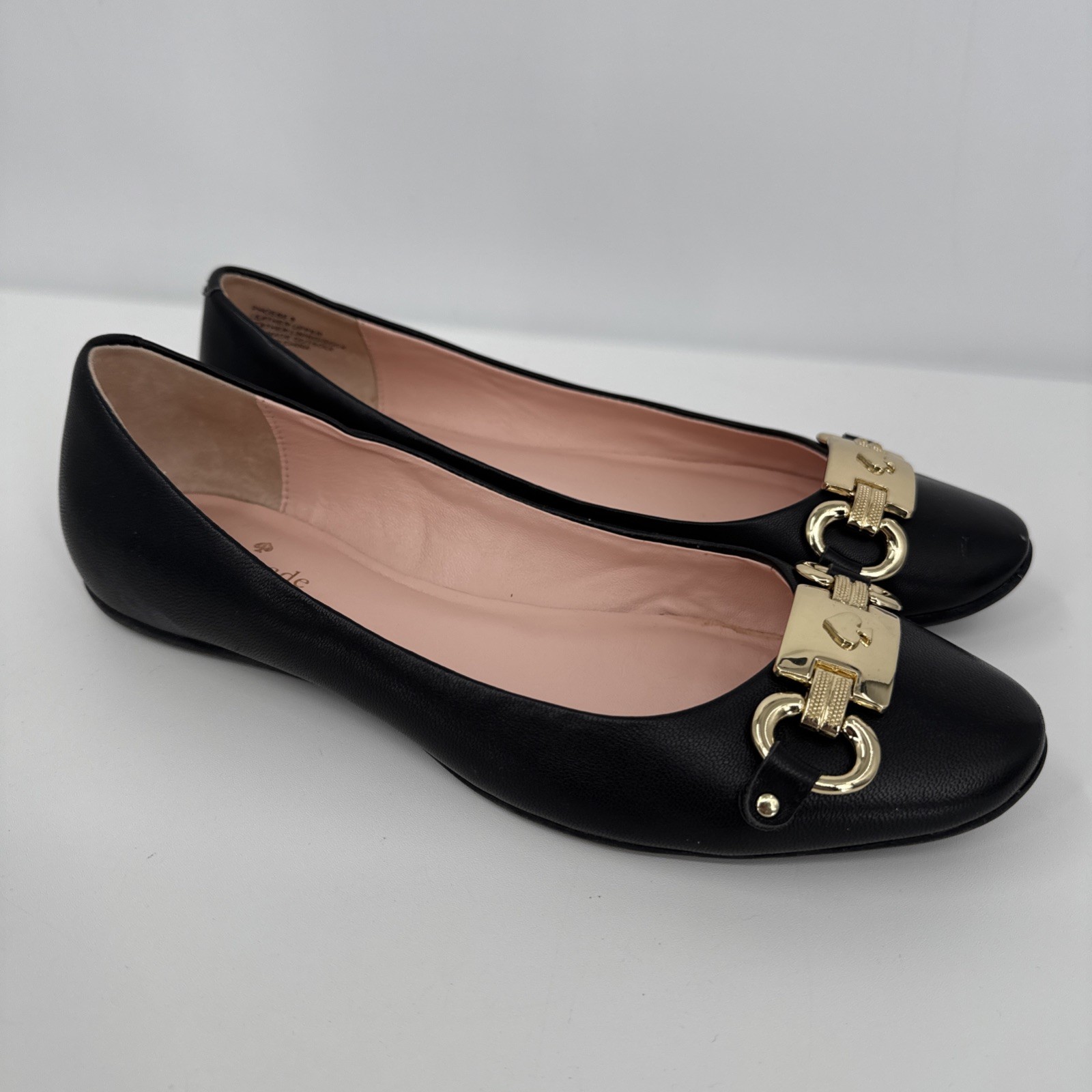 Kate Spade New York Phoebe Black Leather Gold Logo Ballet Flats 8 City Preppy