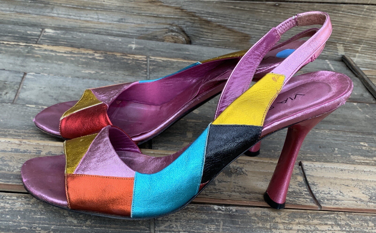 Via Spiga Metallic Colorful Leather Open Toe High Heel Shoes Slingback Size 9 M