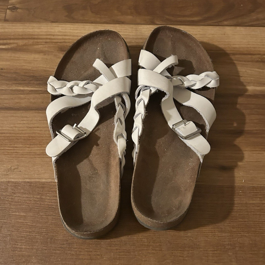 Women’s Leather Braided Strap Slip-On Flat Sandals White/Brown US 8