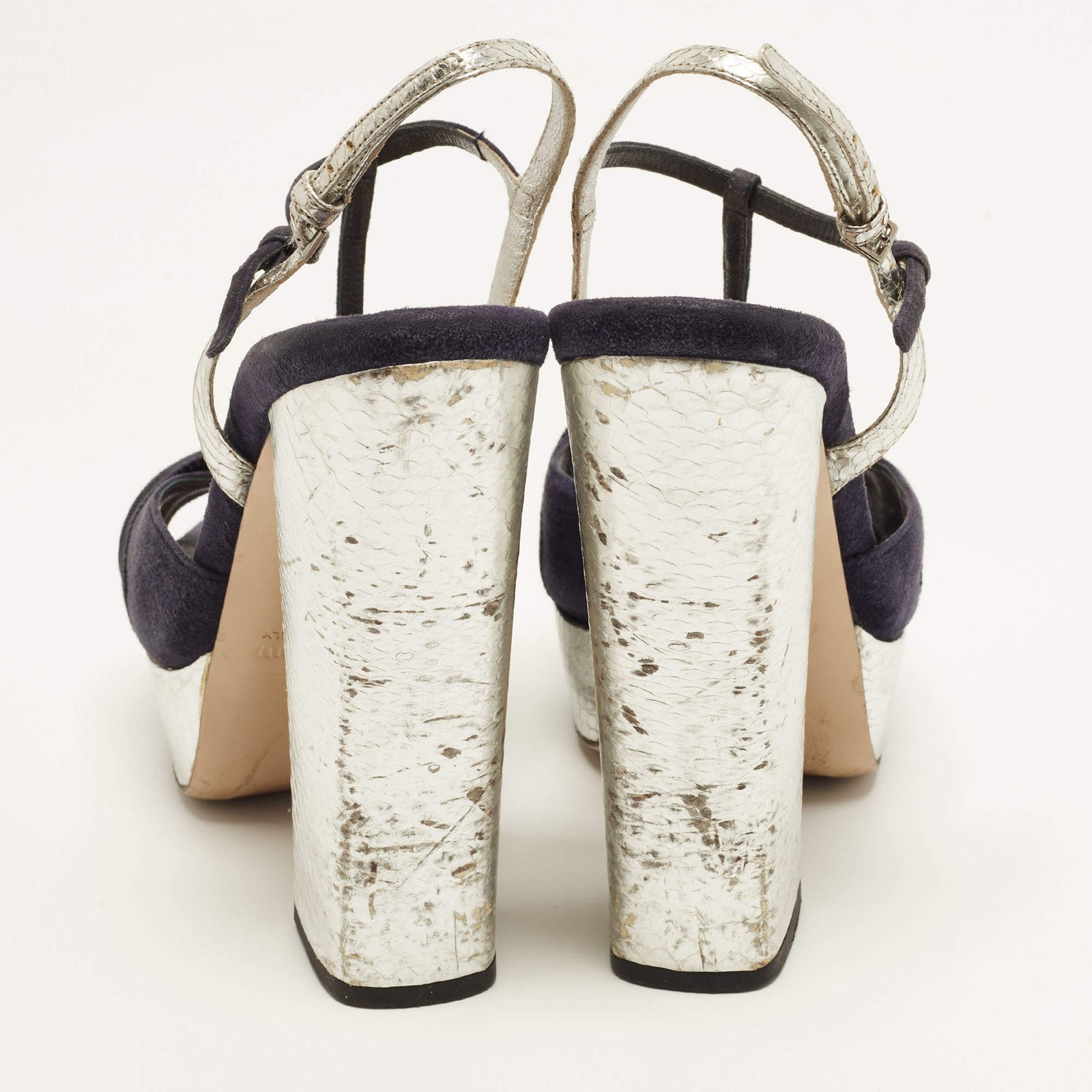 Miu Miu Size 37 Silver Navy Blue Snake Print Leather and Suede Ankle Strap