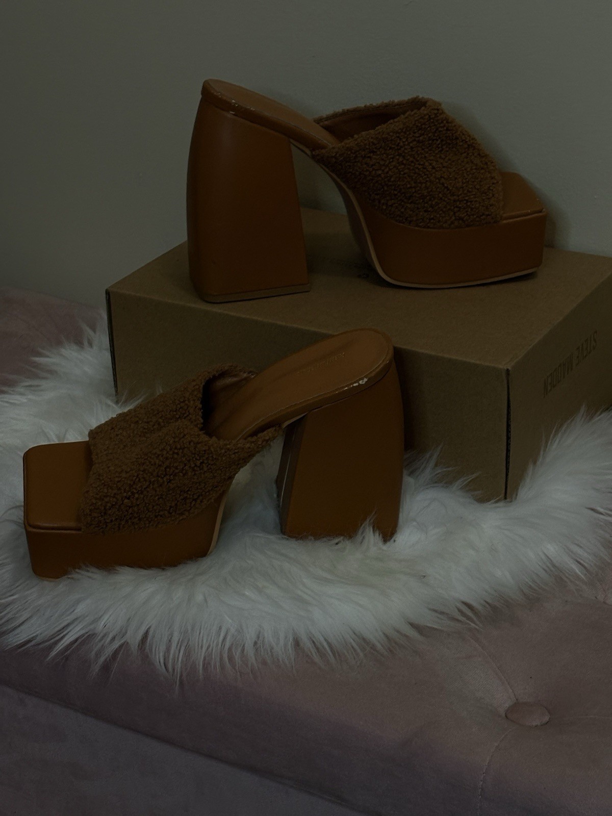 PRETTYLITTLETHING Women’s Brown Platform Square Toe Slip On Teddy Straps 5