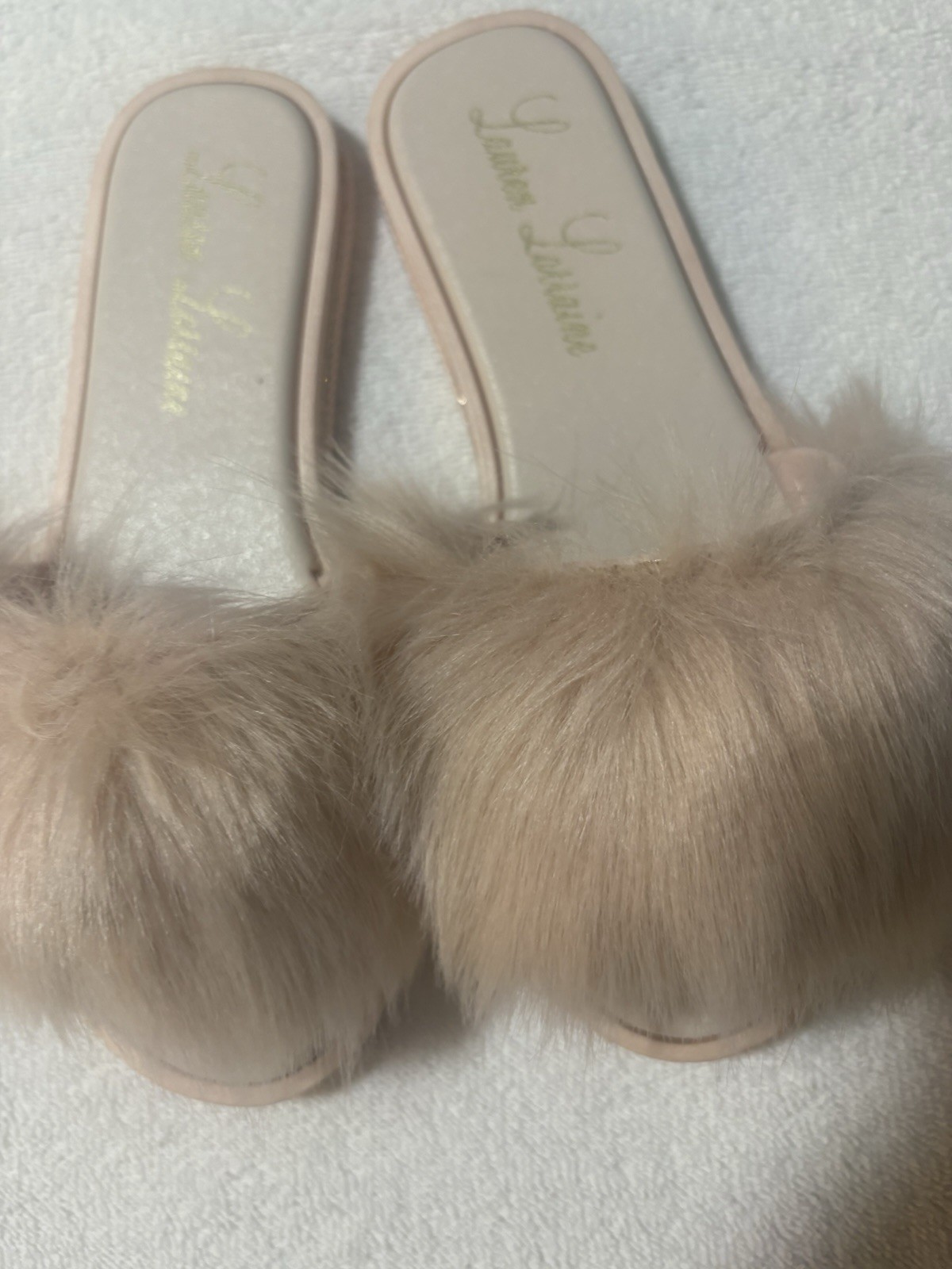 Lauren Lorraine Sandals Small Pink Faux Fur Slippers Glamorous Chic Lounge Shoes