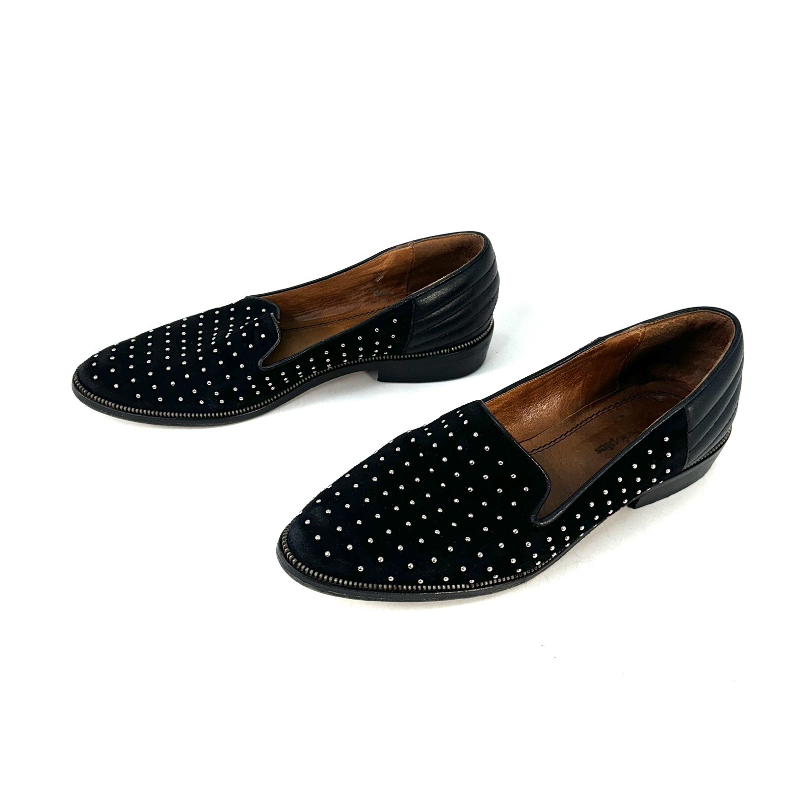 The Kooples Black Suede & Leather Studded Zipper Trim Detail Loafers Size EU 40