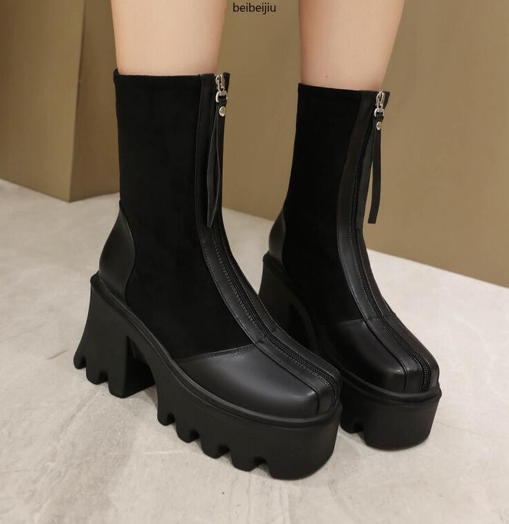 Women’s Platform Chelsea Abkle Boots High Block Shoes Thick Sole Motorcycle New