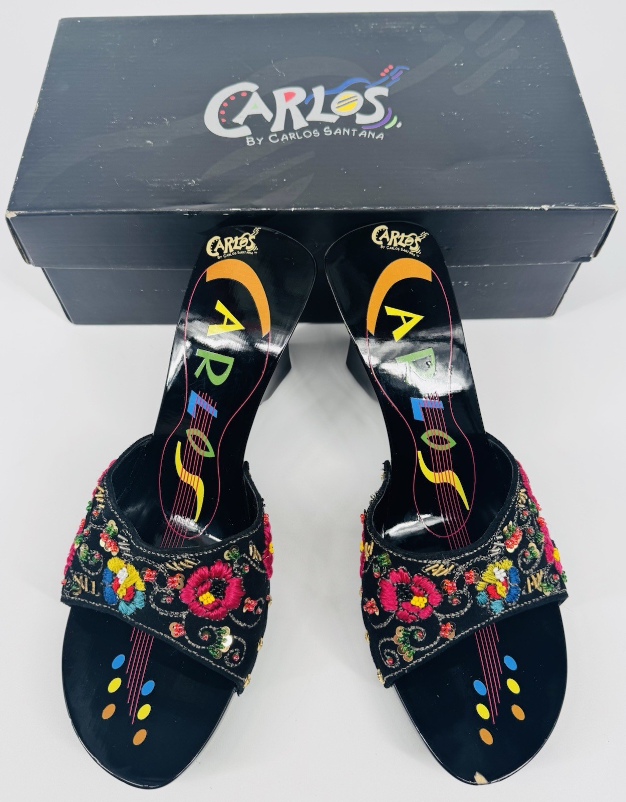 VTG Y2K Carlos by Carlos Santana Paradise Embellished Boho Suede Wedge Mules Sz9