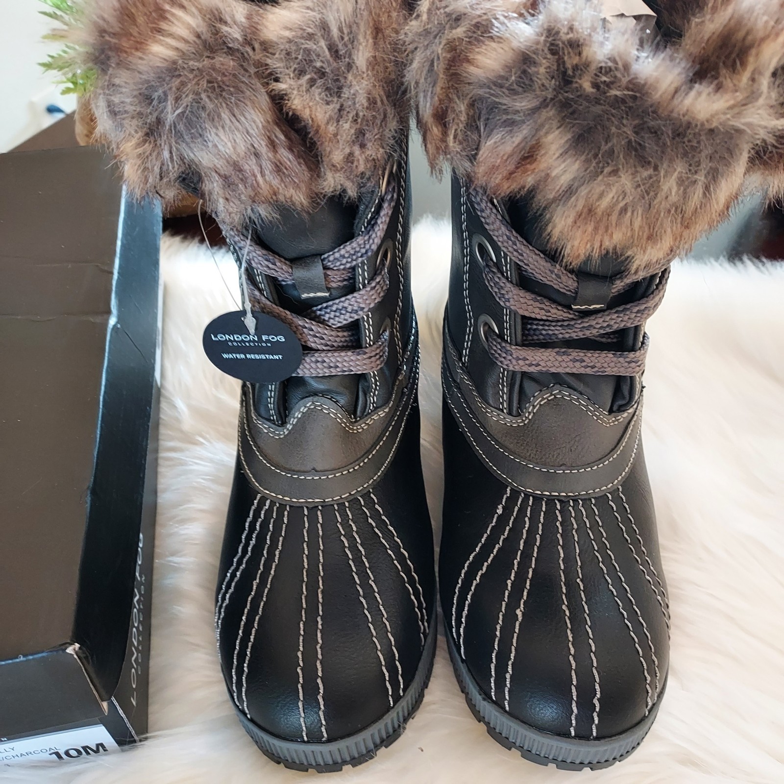 London Fog LFW-MILLY Faux Fur Water Resistant Lace Up Winter Boots Black 10M NWB