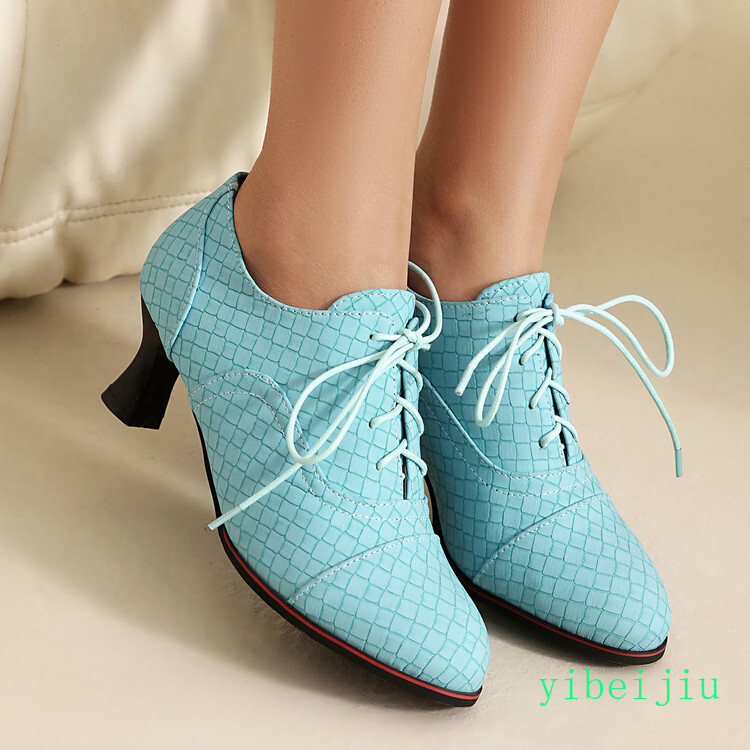 Women’s Crack Check Mid Kitten Heels Shoes Lace Up Pumps Office Daily Plus Size