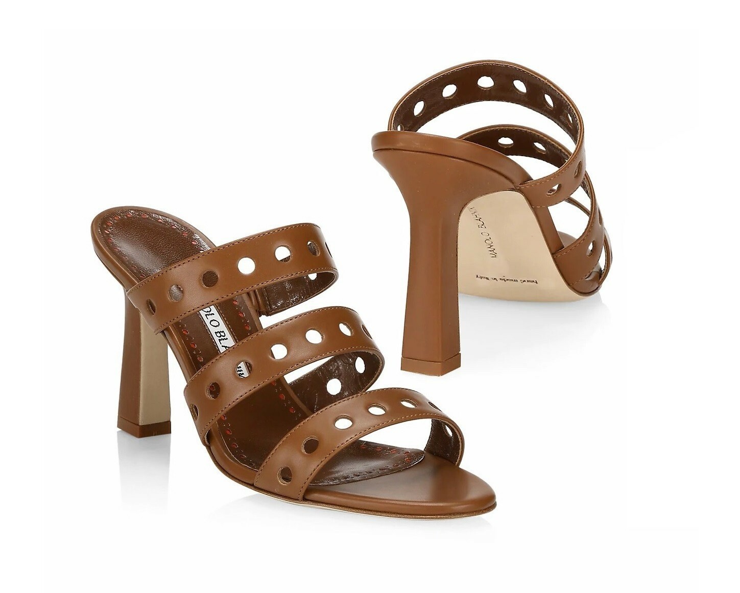 Manolo Blahnik MERLINA Cutout 3-Strap Leather Mules EU 38/US 8 ($925) Brown NWB