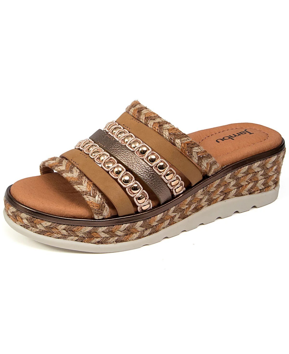 Jambu Women’s Dahlia Leather Woven Stud Platform Wedge Sandals Tan Multi
