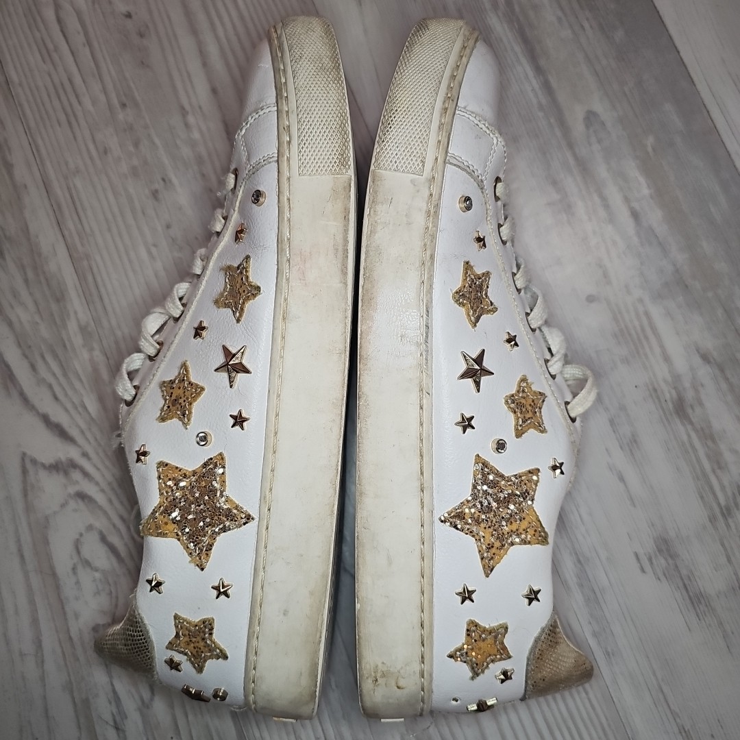 Streetwear Edgy White Gold Glitter Star Studded Low Top Lace Up Wom. Sz 8.5