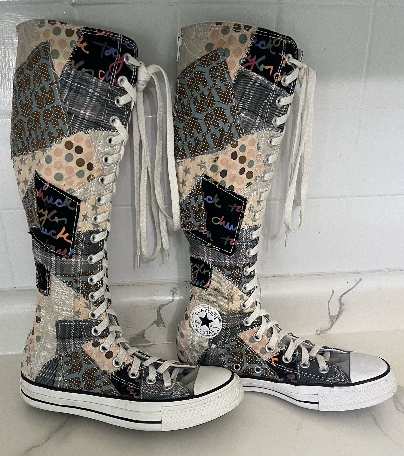 Converse Chuck Taylor All Star Patchwork Knee High Lace Up Sneakers Boot Women’s