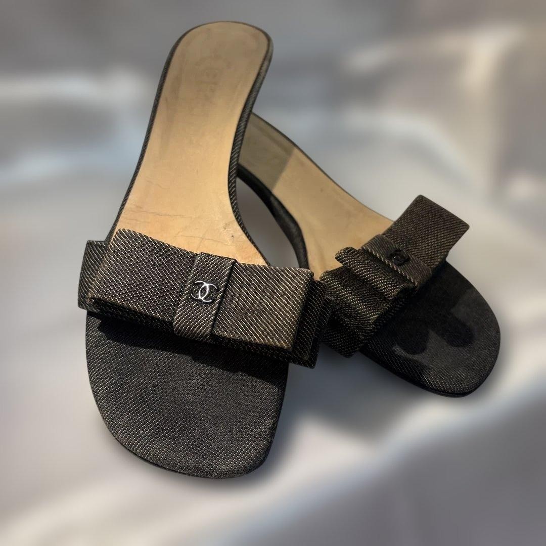 CHANEL Sandals Shoes Mule Cocomark EU 36.5 US 6.5 Denim Black Auth from JAPAN