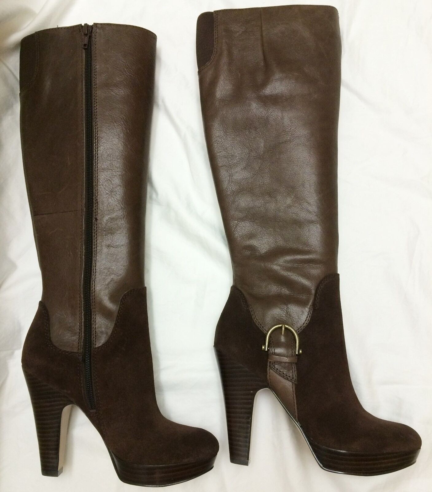 Women Shoe Size 5M Nine West Brown Leather/Suede Knee High Boots Side buckle-NEW