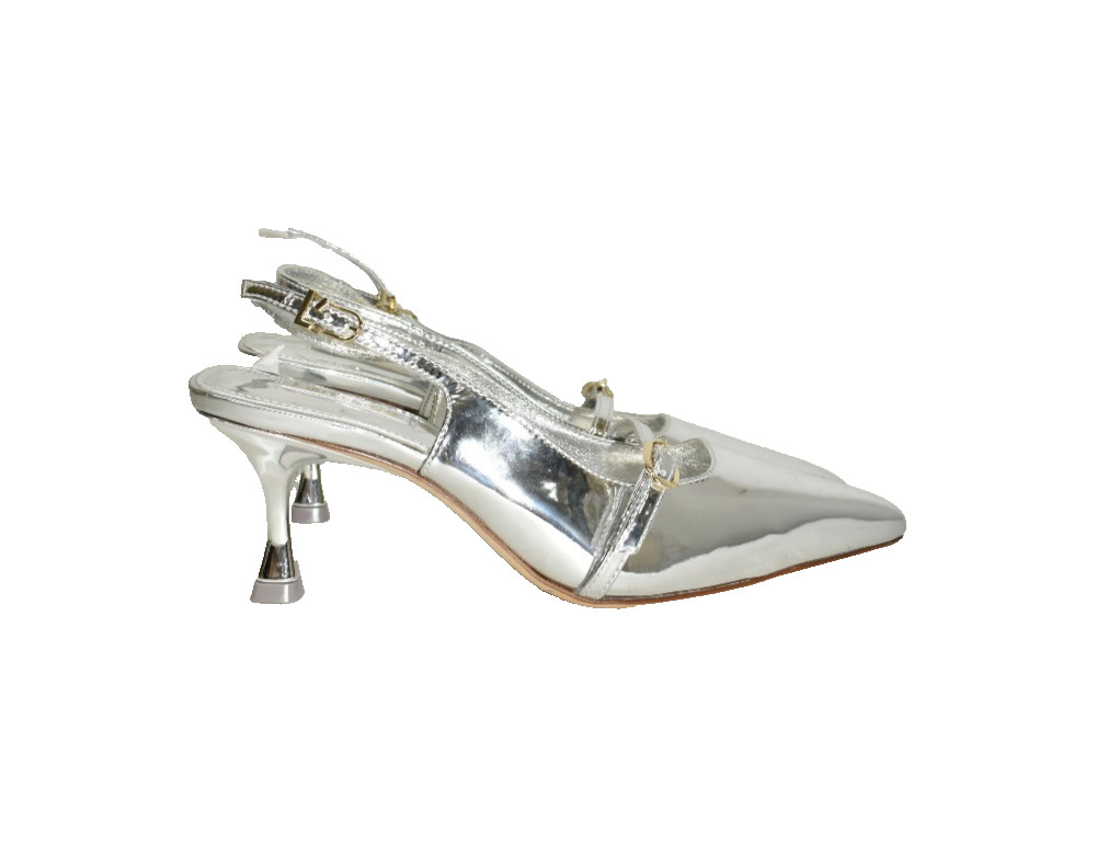 $360 LARROUDE Ines Pump POINTED BUCKLE LEATHER Silver Specchio 8.5 (DC5)