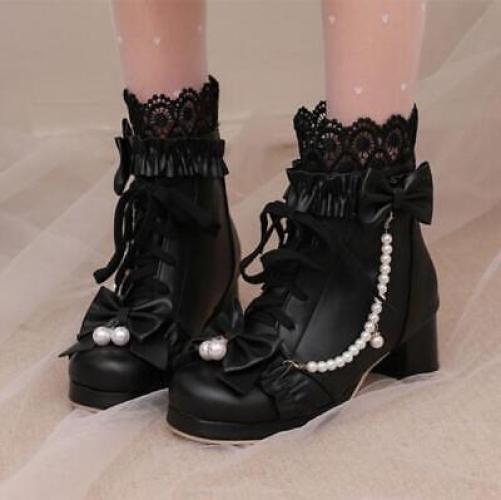 Women Bow Round Toe Block Heel Ankle Boot Lace Lolita Boot Sweety Mary Jane Shoe