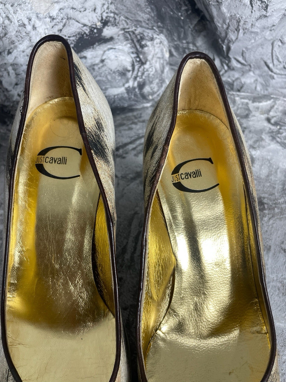 Vintage Just Roberto Cavalli 00s Animal Fur Pattern Buckle Archive Heels 38 Y2K