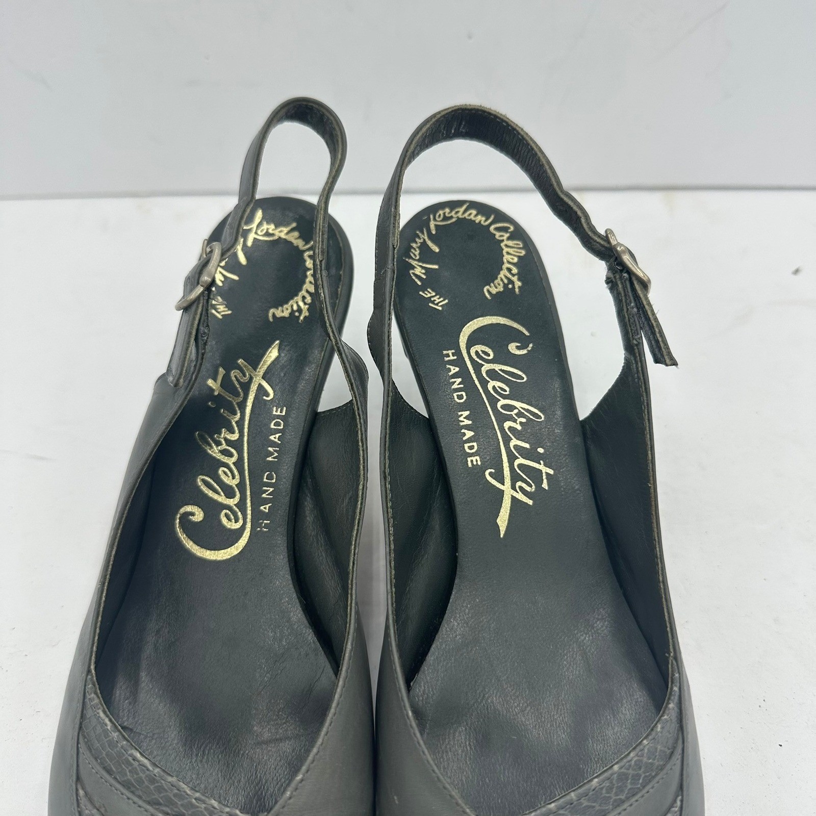 Celebrity Hand Made Mary Jordan Womens Gray Leather Slingback Heels Sz 8 Vintage
