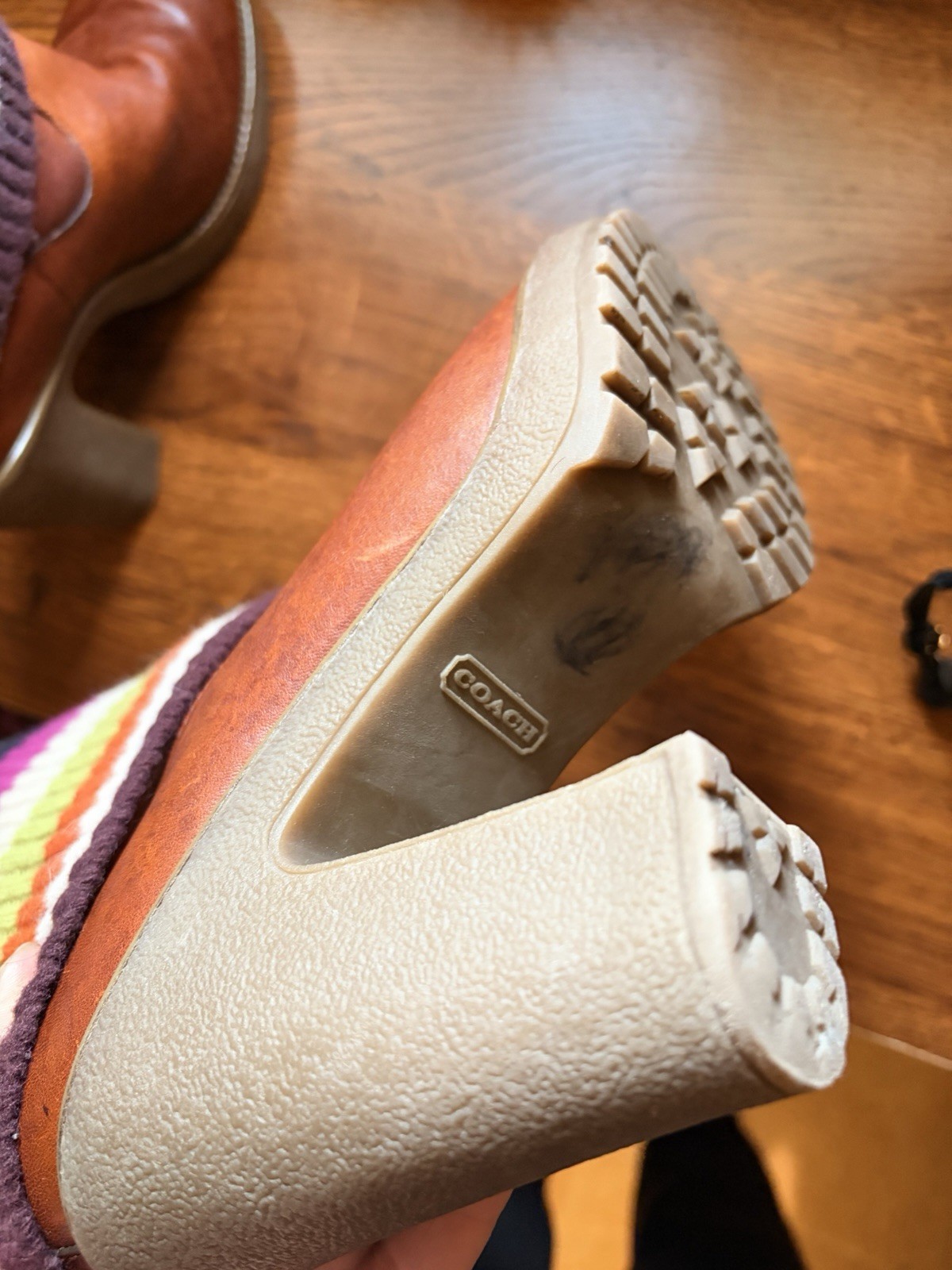 Coach Brown Leather Bootie Boots US 9 Legacy Striped Cuff Block Heel
