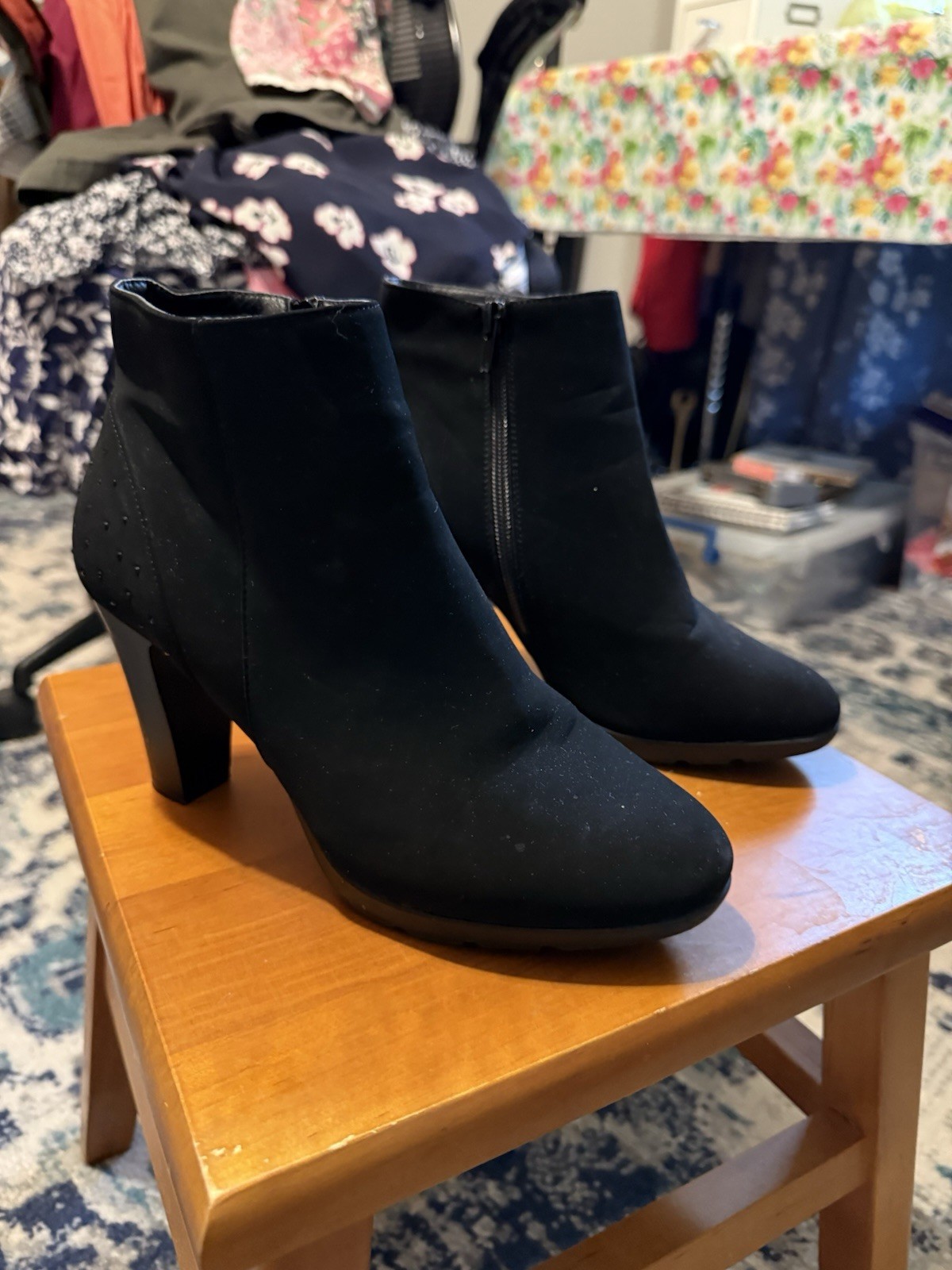 Women’s Ankle boots By London Fog (Bennet) Sz 7.5- Black Suede 3.5 In Block Heel