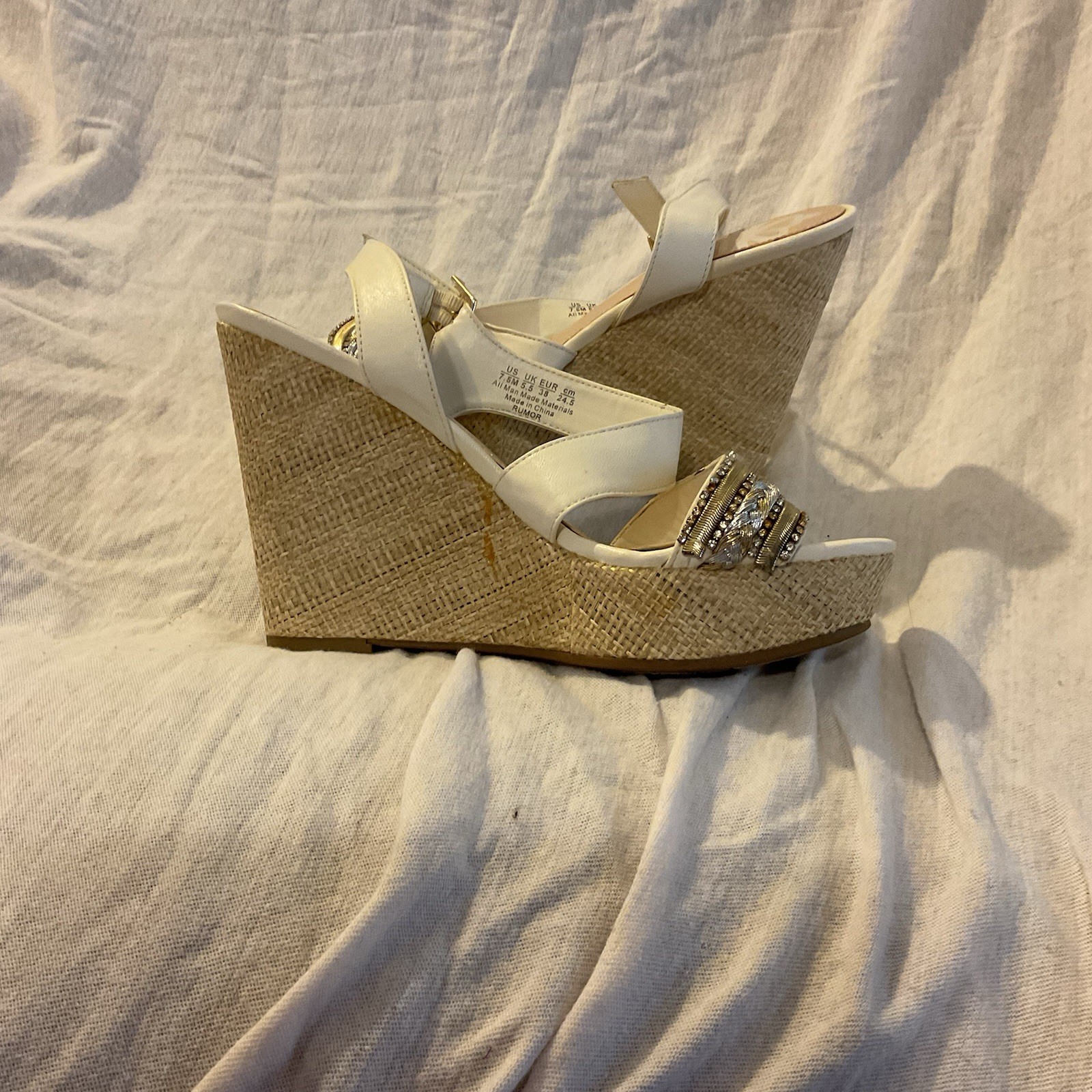 Fergalicious Womens White Wedge Sandals Rhinestone Strappy Buckle US 7.5