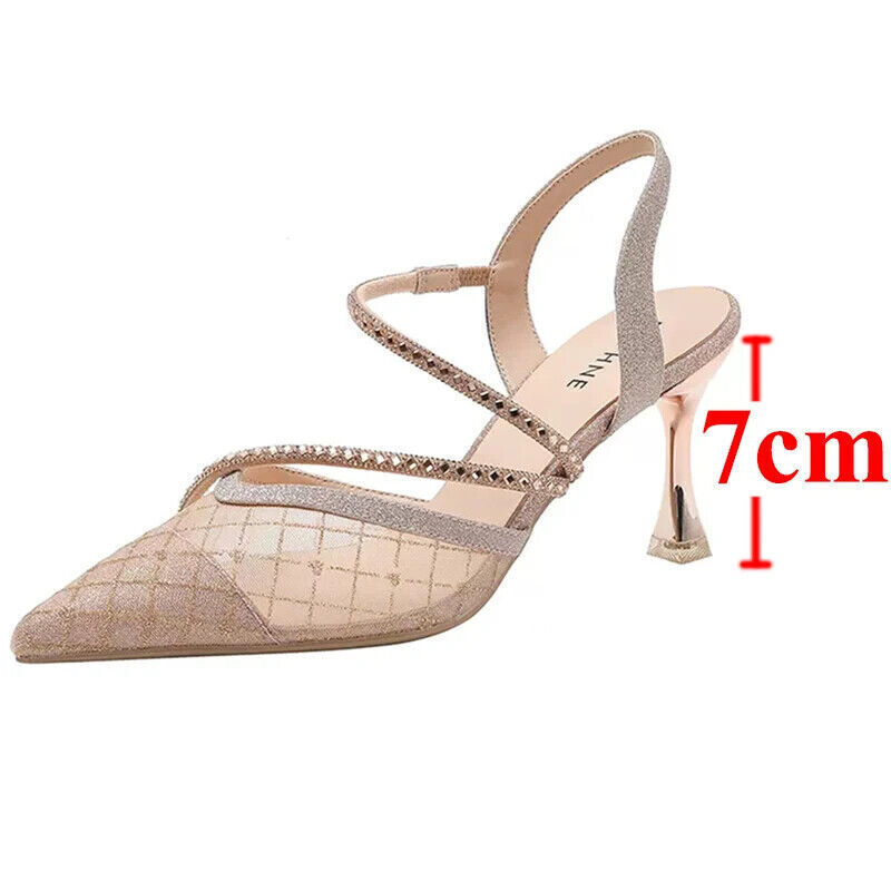 Women Pointed Toe Thin Heel Pumps Party Shoes Bling Crystal High Heels Sandals