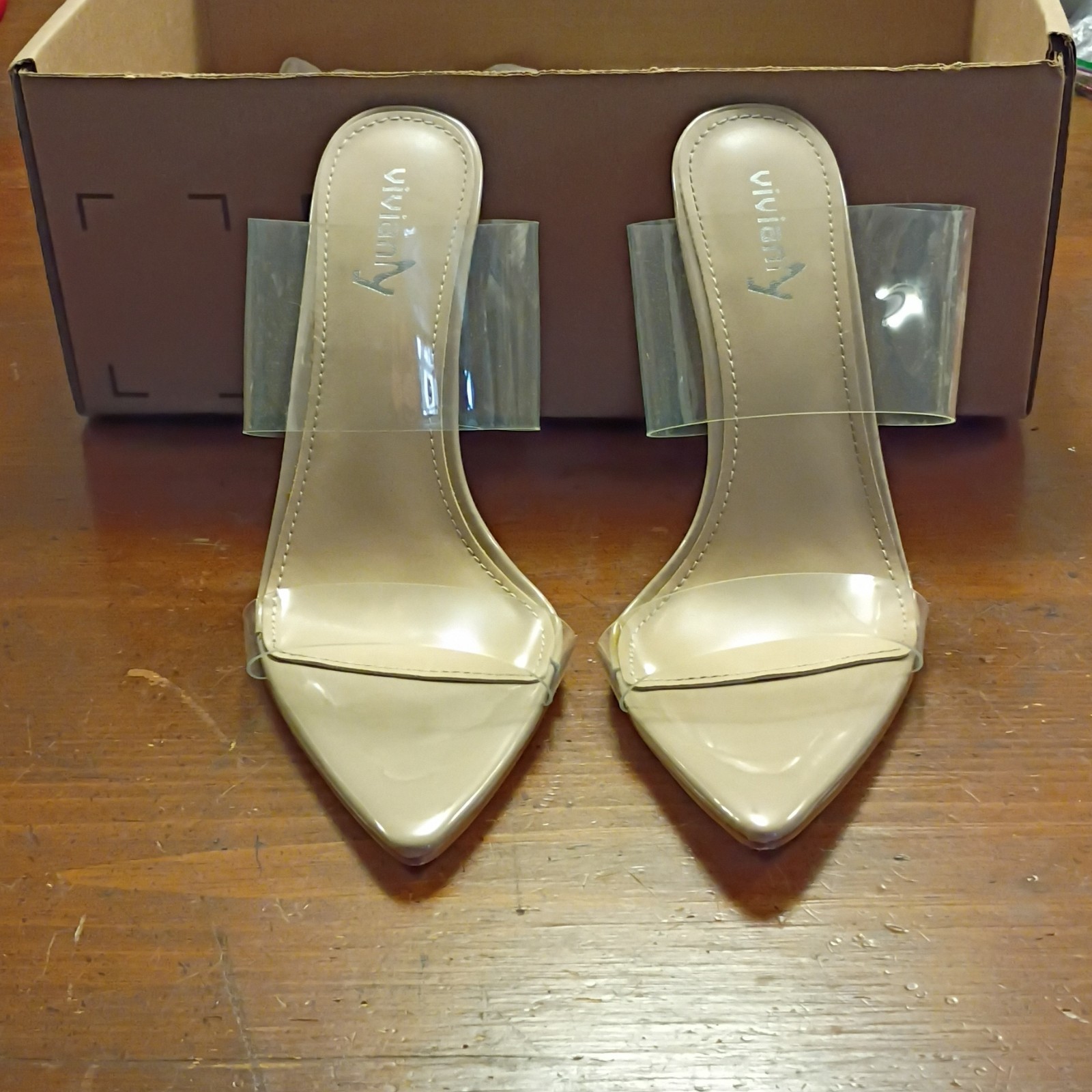 Viviany Beige Clear Transparent Strap Stiletto Mule Pointed Toe Heels Size 9