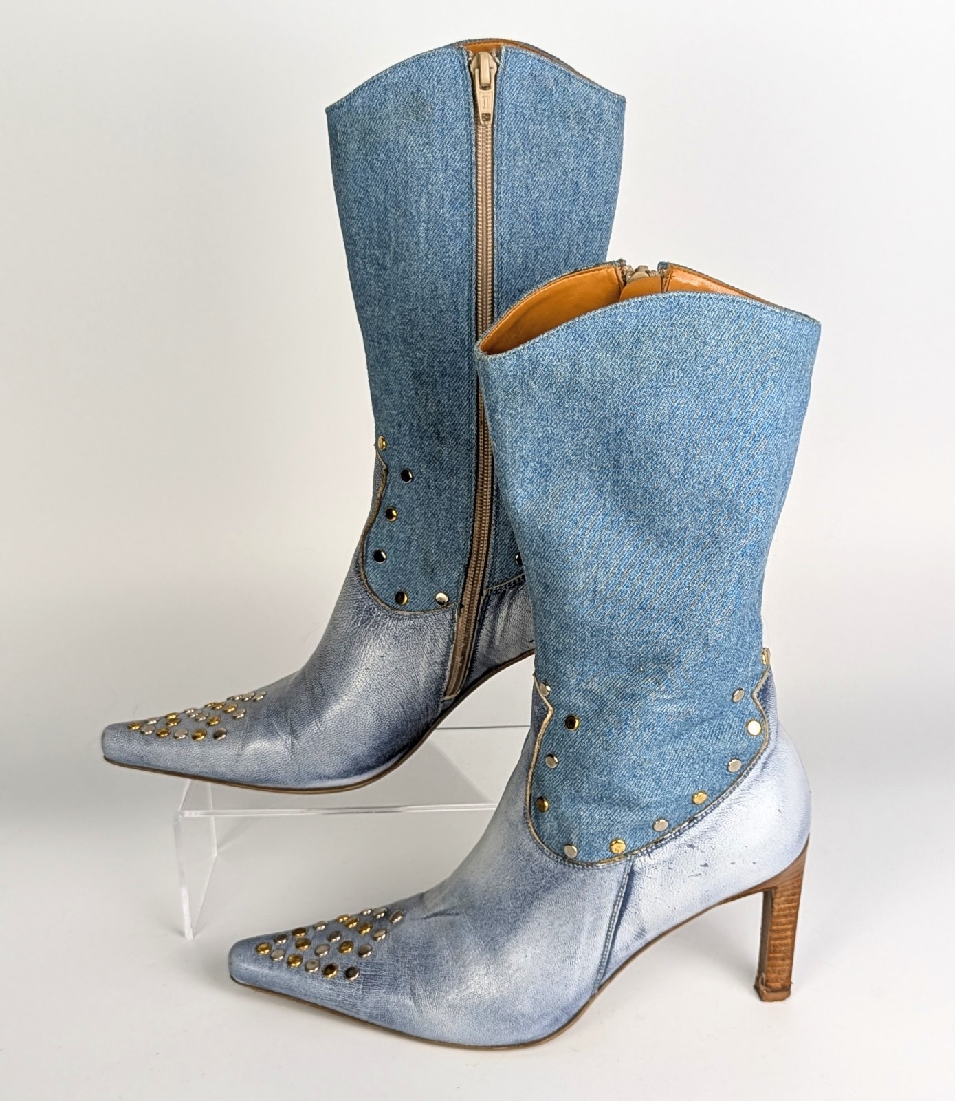 Luisa D’Orio Genuine Leather/Denim Blue Studded Women’s Boots size EU 37 US 7