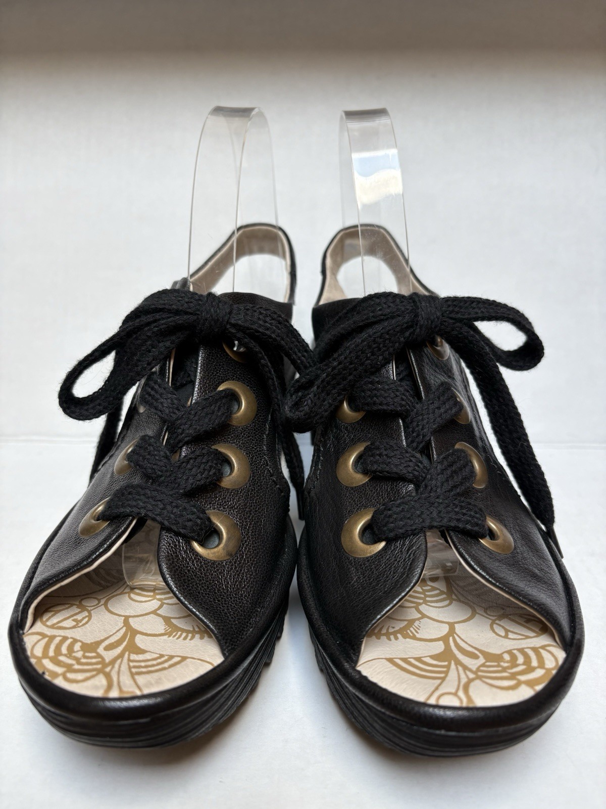 FLY London YLVA Women’s 38/7.5M Blk Leather Lace Up Wedge Slingback Sandals ~NEW