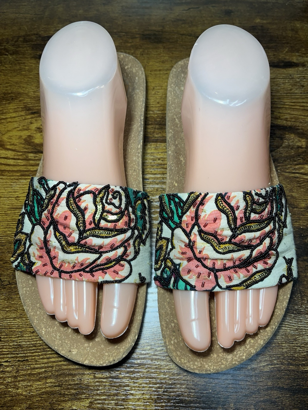 Figue Designer Sandals 8.5-9 Slides Beaded Sequined Rose Pattern Neiman Barneys