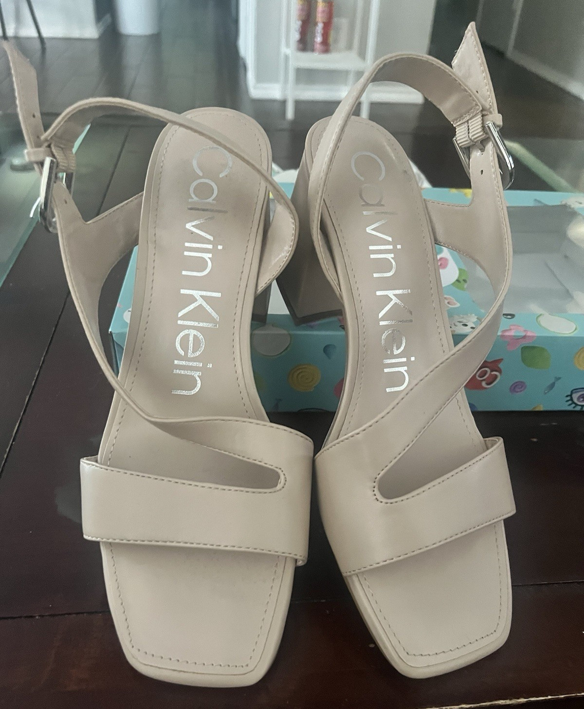 Calvin Klein Beige Strappy Ankle Strap Buckle Block Heel Sandals Women 10