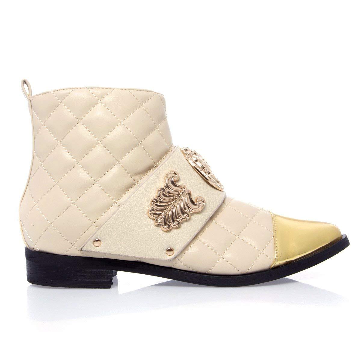 New Women’s Metallic Cap Toe Quilted Oxford Booties Ankle Boots Gold Embellished